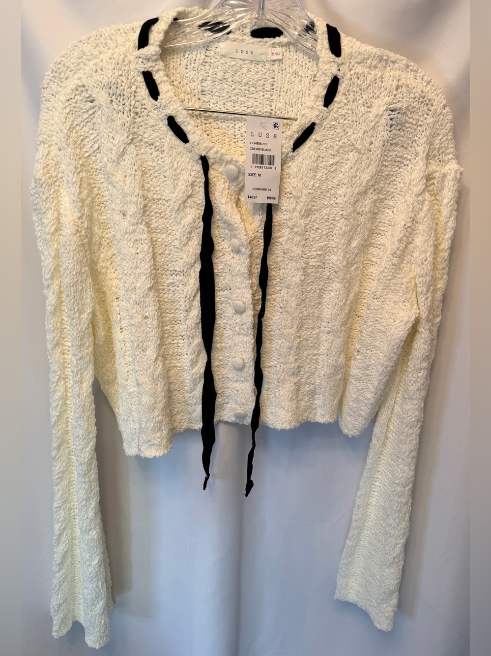NWT Lush Size Medium Knit Button Front Cardigan Cream Black Tie Neck Wide Sleeve